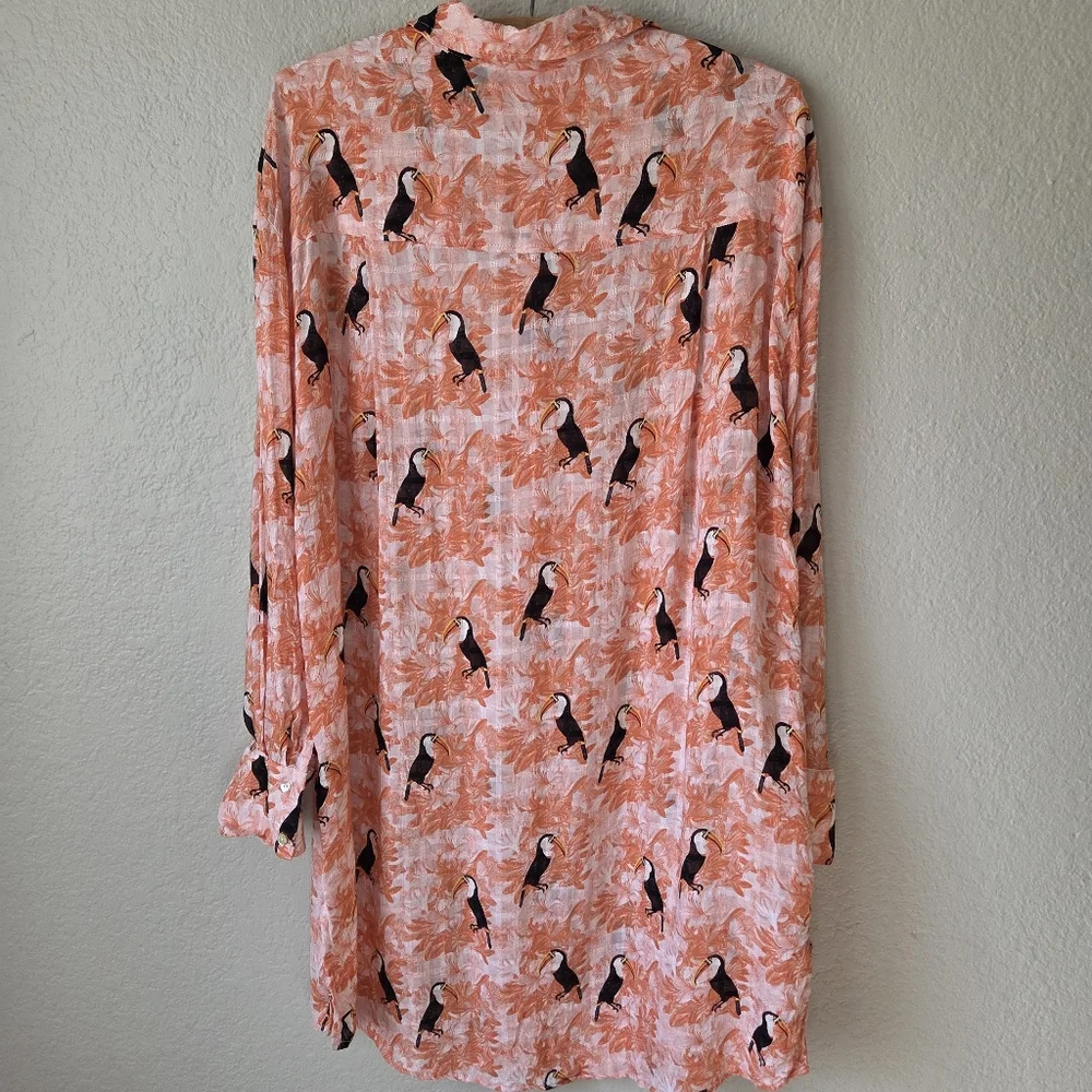 Jane Delancey Tunic Shirt Dress Size M Orange Tropical Tucans Bird Print Resort - Picture 2 of 16